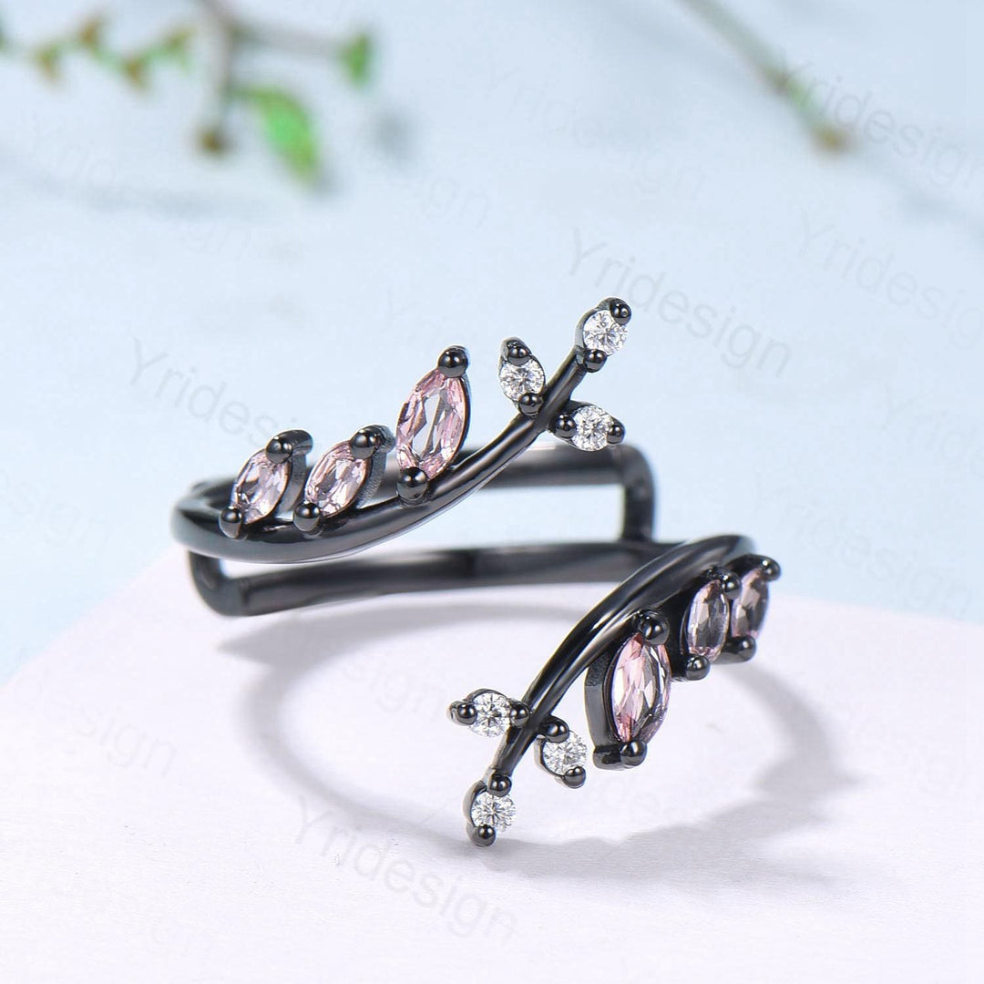 Black Gold Marquise Cut Pink Sapphire Enhancer Wedding Band, Nature Inspired Gothic Branch Ring - PENFINE