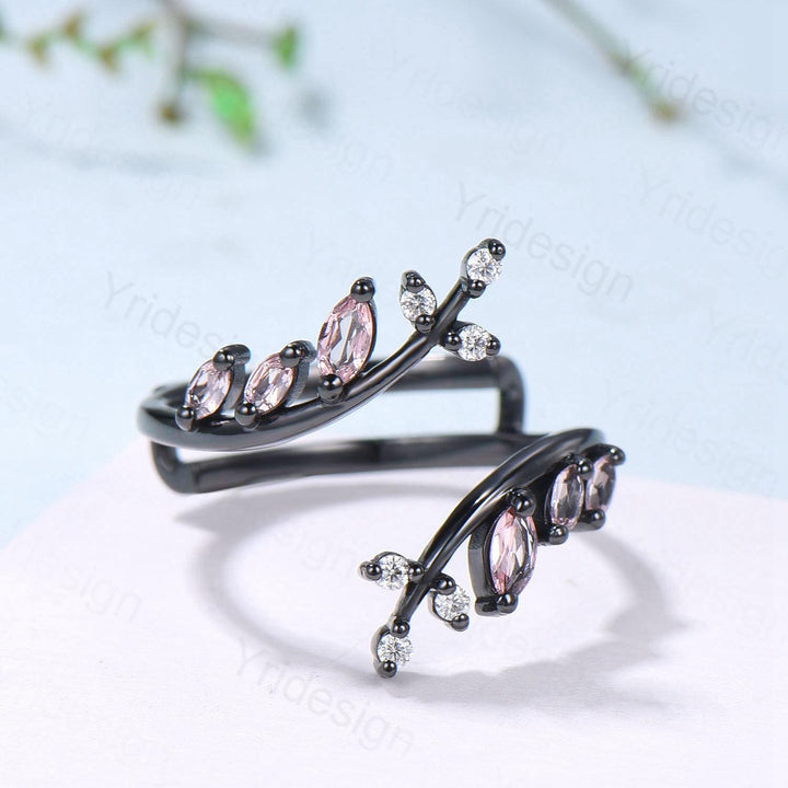 Black Gold Marquise Cut Pink Sapphire Enhancer Wedding Band, Nature Inspired Gothic Branch Ring - PENFINE