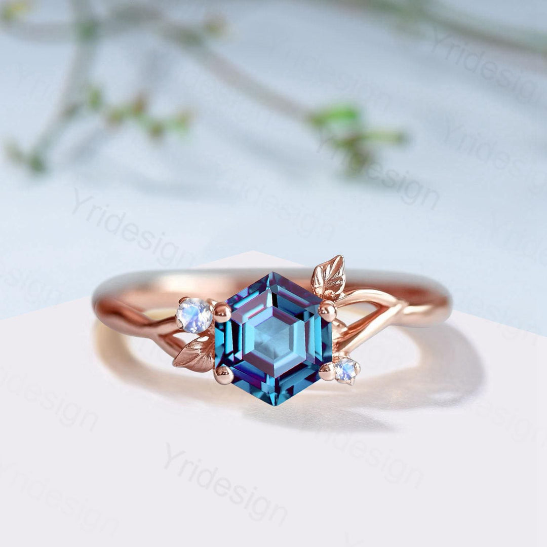 Hexagon Cut Alexandrite Engagement Ring, Nature Inspired Leaf Twig Gold Moonstone Ring - PENFINE