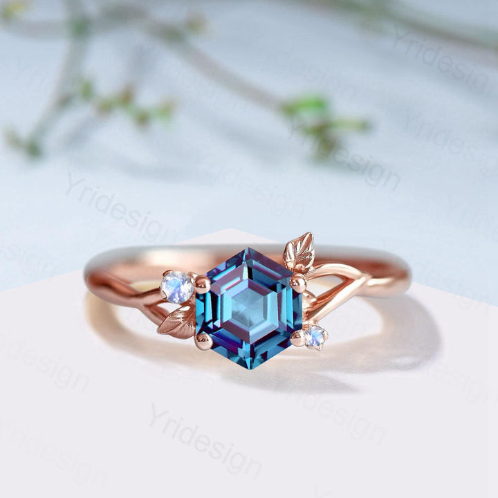 Hexagon Cut Alexandrite Engagement Ring, Nature Inspired Leaf Twig Gold Moonstone Ring - PENFINE