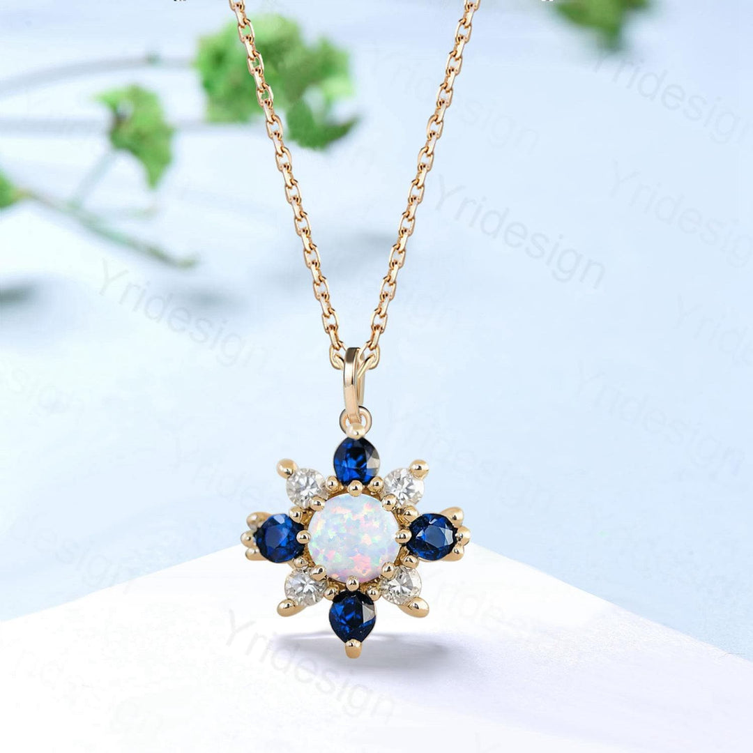 Vintage Opal Sapphire Pendant Necklace, Silver Rose Gold & Moissanite Accent Floral Style - PENFINE