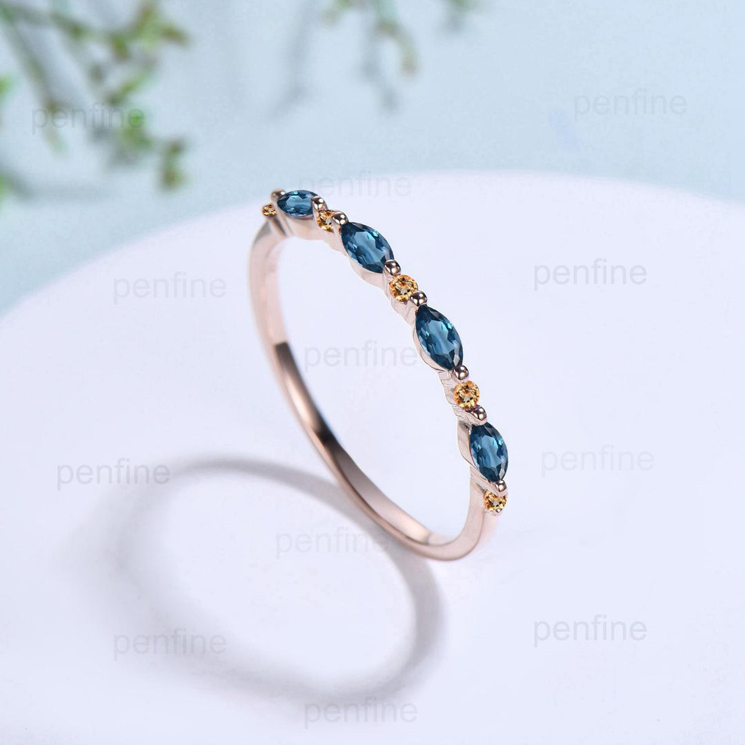 Rose Gold London Blue Topaz & Citrine Stacking Ring, Dainty Marquise Gemstone Eternity Band, Unique Art Deco Inspired Statement Jewelry - PENFINE
