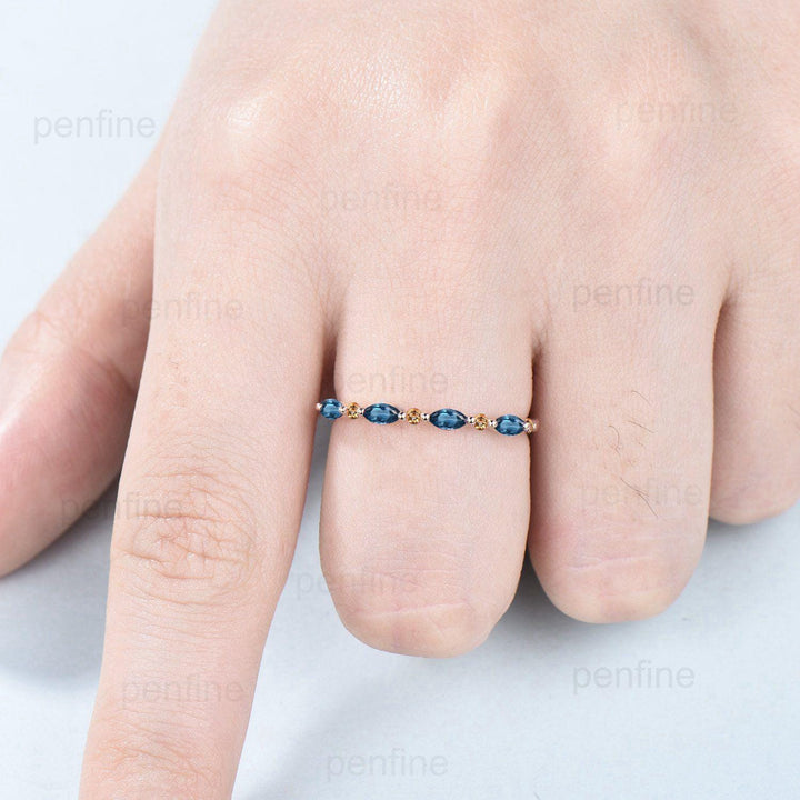 Rose Gold London Blue Topaz & Citrine Stacking Ring, Dainty Marquise Gemstone Eternity Band, Unique Art Deco Inspired Statement Jewelry - PENFINE