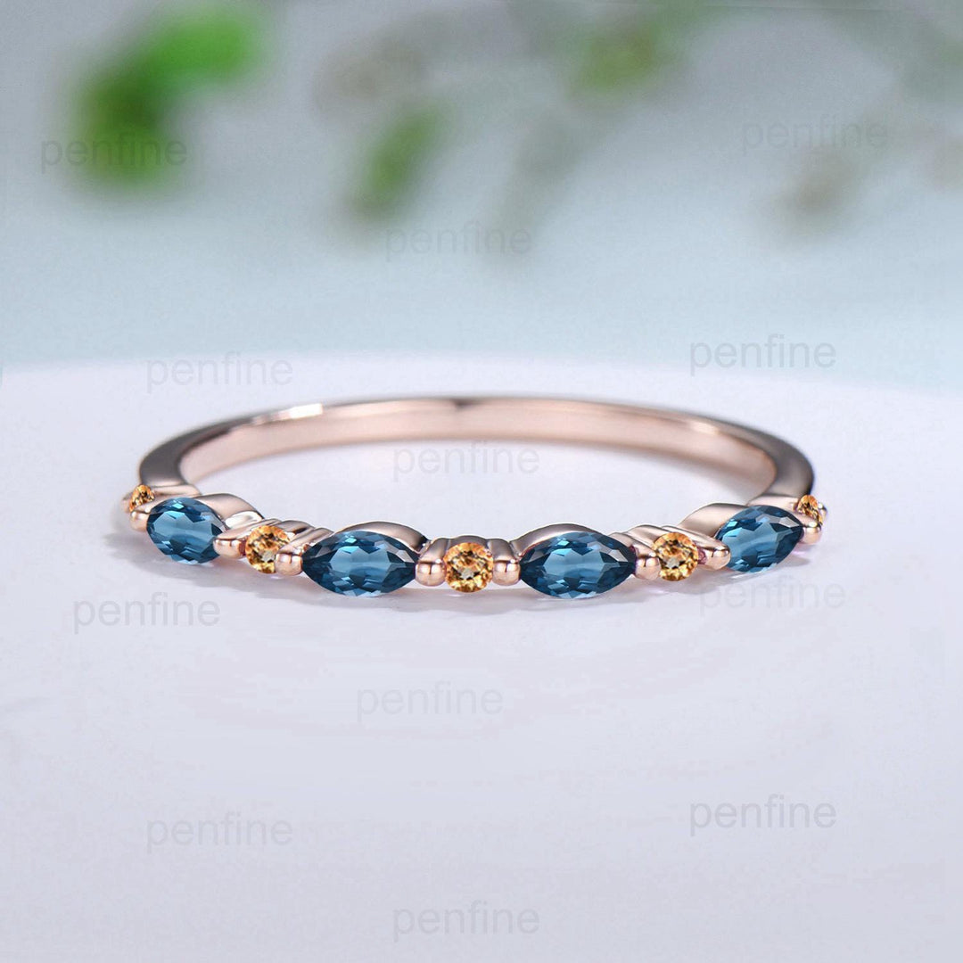 Rose Gold London Blue Topaz & Citrine Stacking Ring, Dainty Marquise Gemstone Eternity Band, Unique Art Deco Inspired Statement Jewelry - PENFINE