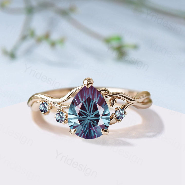 Unique Pear Shaped Firework Cut Alexandrite Engagement Ring, Nature Inspired Leaf Twig Gold Ring - PENFINE