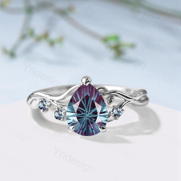 Unique Pear Shaped Firework Cut Alexandrite Engagement Ring, Nature Inspired Leaf Twig Gold Ring - PENFINE