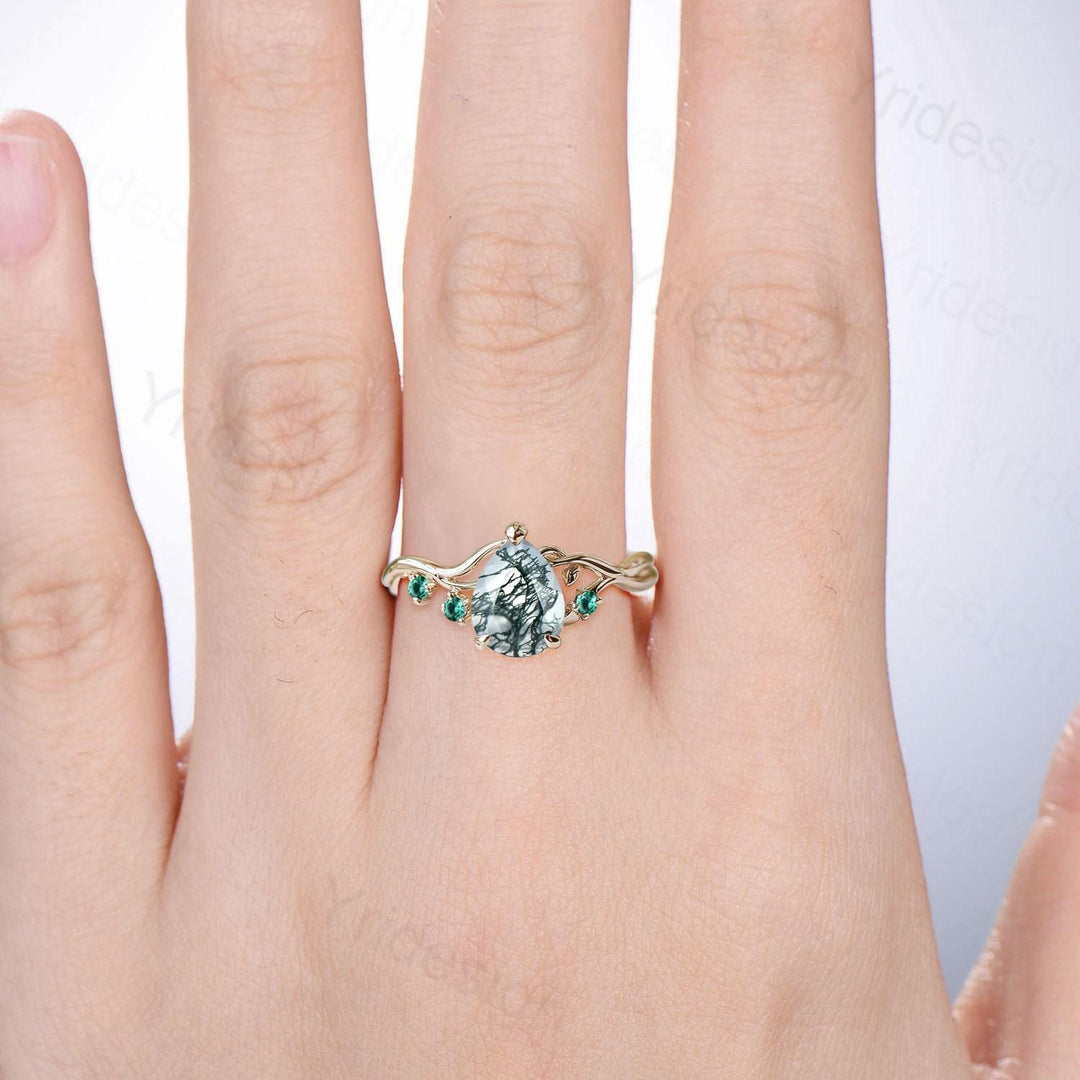 Moss Agate Engagement Ring with Emerald Accents, Rose Gold Nature-Inspired Twig Ring, Unique Handcrafted Botanical Jewelry for Her - PENFINE