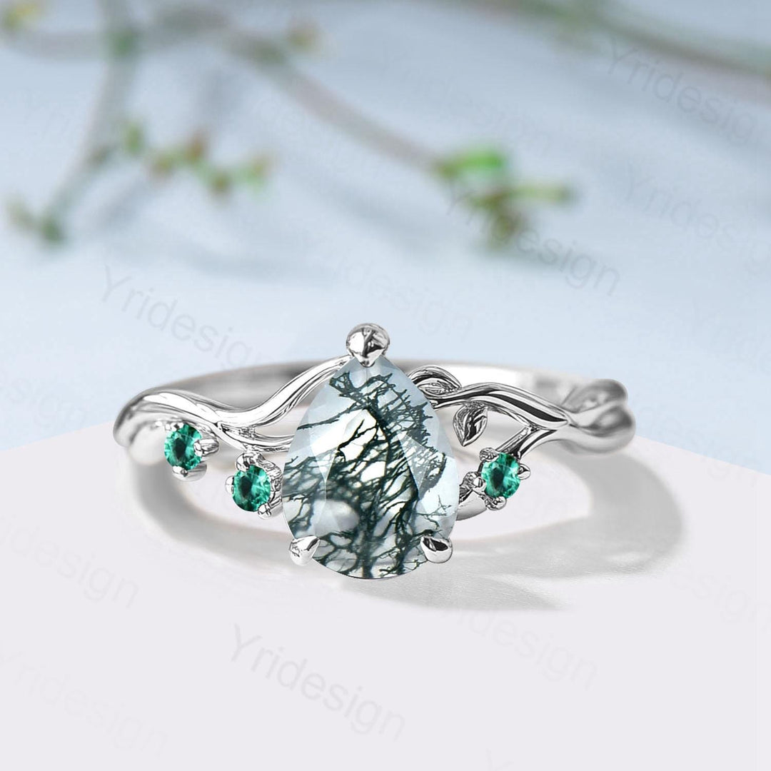 Moss Agate Engagement Ring with Emerald Accents, Rose Gold Nature-Inspired Twig Ring, Unique Handcrafted Botanical Jewelry for Her - PENFINE