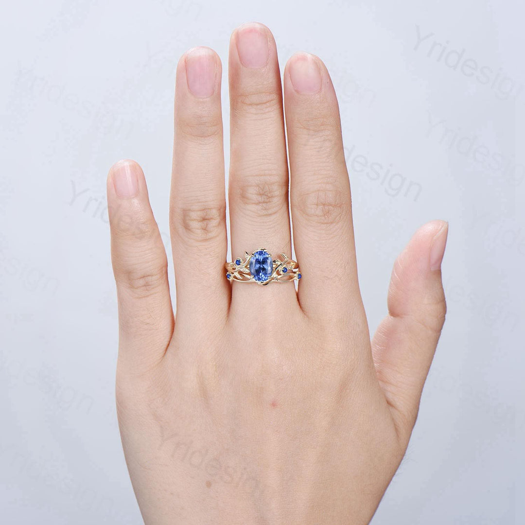Floral Oval Natural Tanzanite Engagement Ring Set, Yellow Gold Nature Inspired Twig Vine Blue Sapphire Wedding Set - PENFINE
