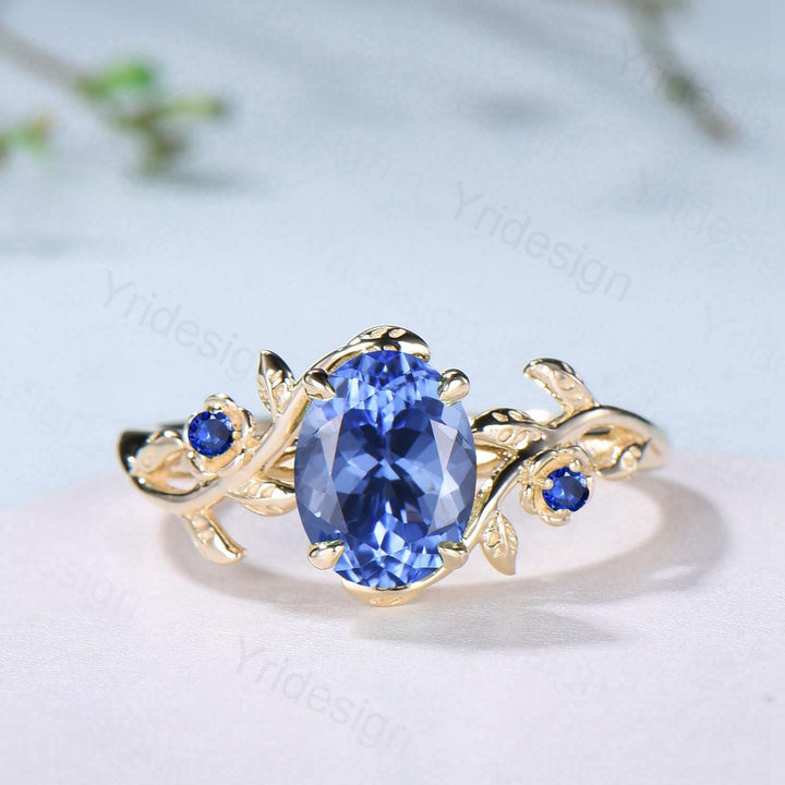 Floral Oval Natural Tanzanite Engagement Ring Set, Yellow Gold Nature Inspired Twig Vine Blue Sapphire Wedding Set - PENFINE