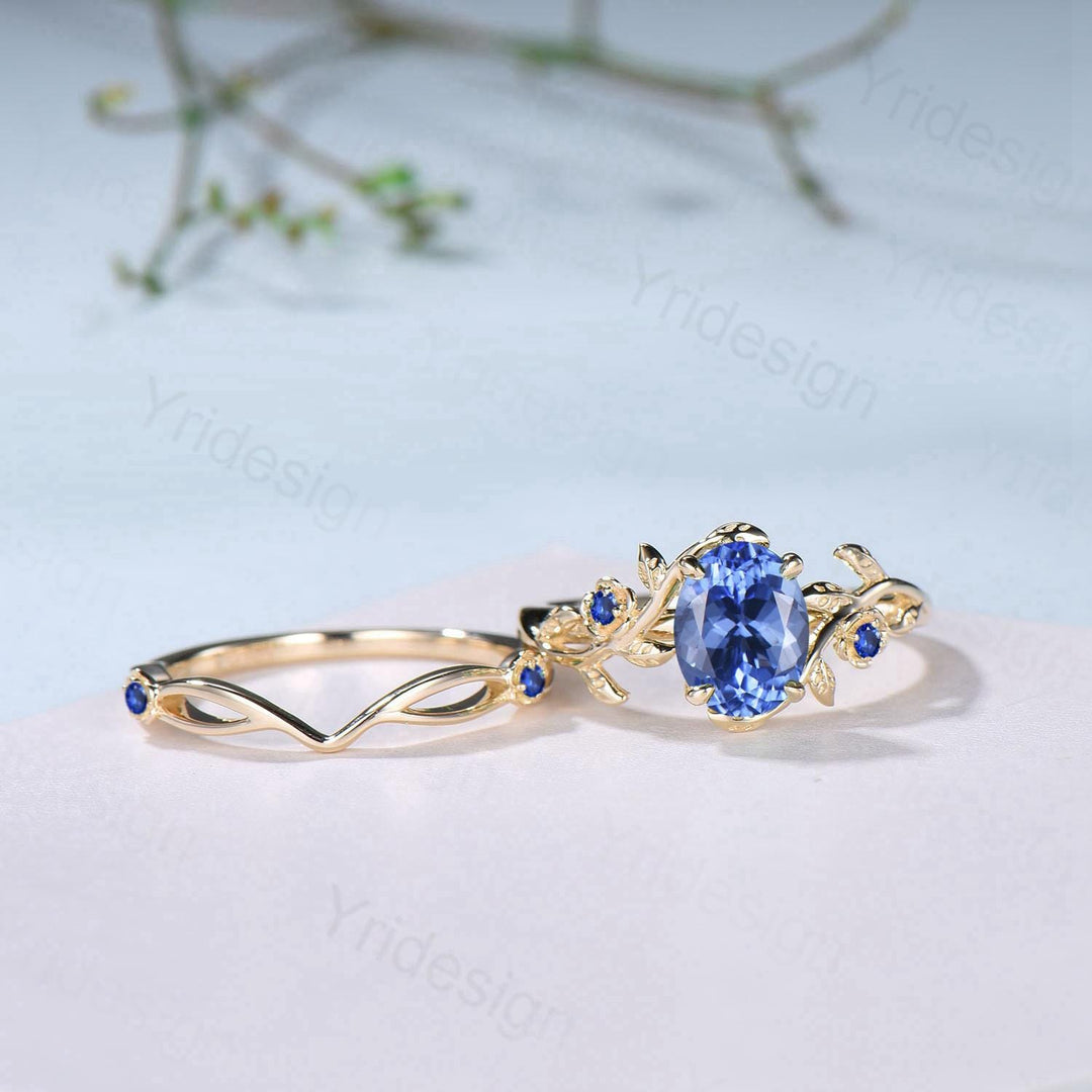 Floral Oval Natural Tanzanite Engagement Ring Set, Yellow Gold Nature Inspired Twig Vine Blue Sapphire Wedding Set - PENFINE