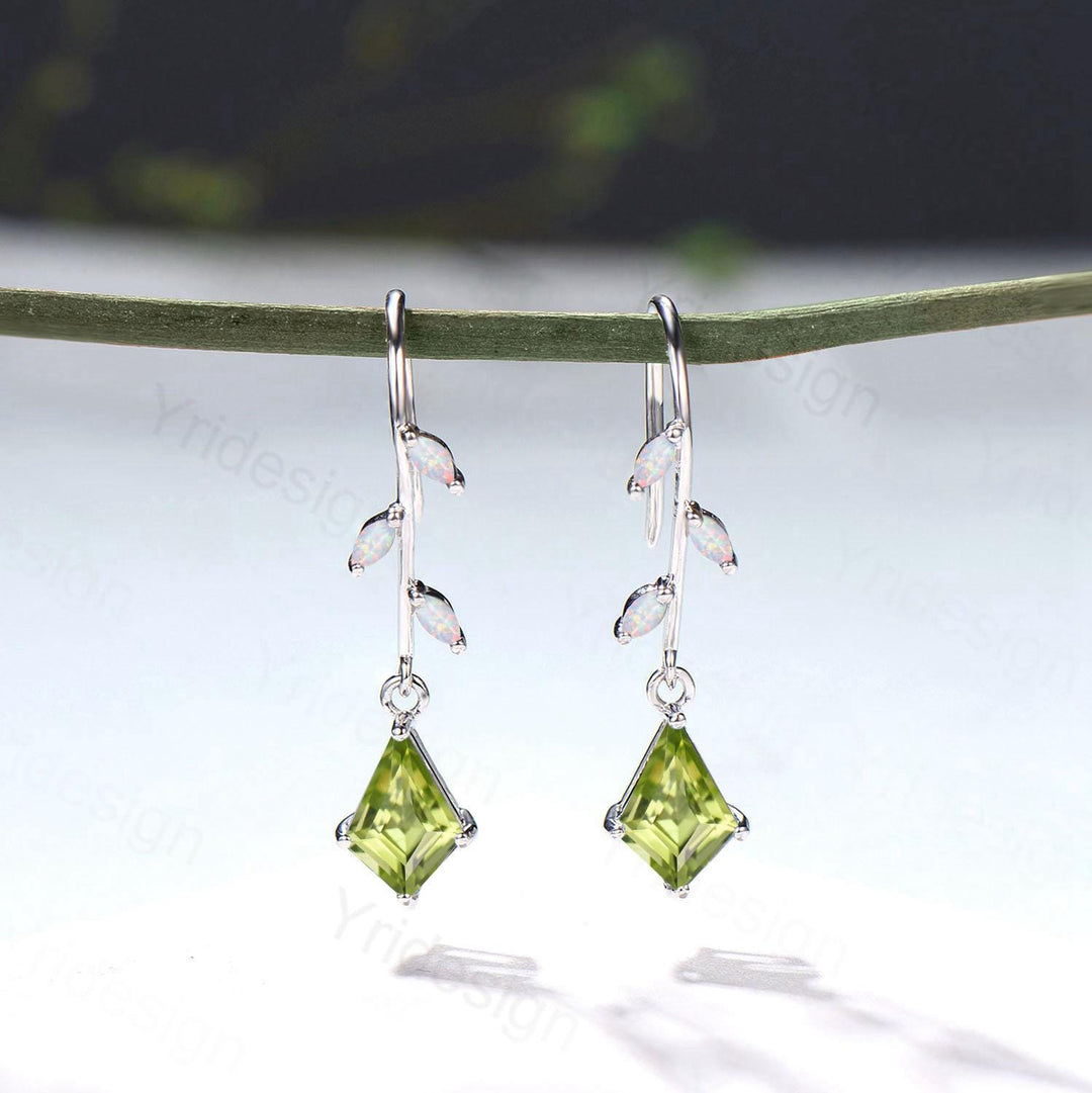 Elegant Kite Cut Peridot Drop Earrings, Branch Marquise White Opal Pinwheel Studs - PENFINE