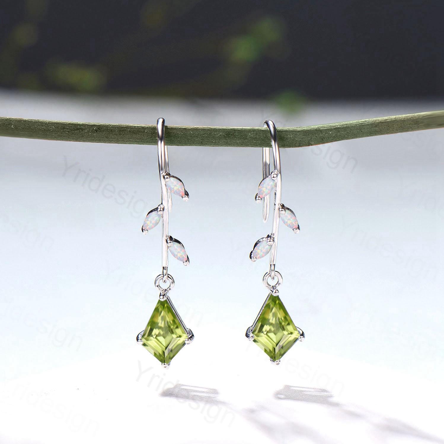 Elegant Kite Cut Peridot Drop Earrings, Branch Marquise White Opal Pinwheel Studs - PENFINE