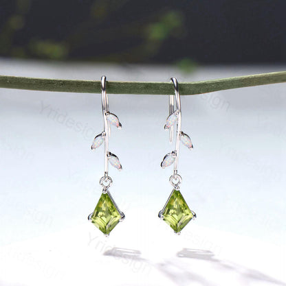 Elegant Kite Cut Peridot Drop Earrings, Branch Marquise White Opal Pinwheel Studs - PENFINE