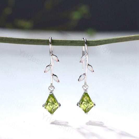 Elegant Kite Cut Peridot Drop Earrings, Branch Marquise White Opal Pinwheel Studs - PENFINE