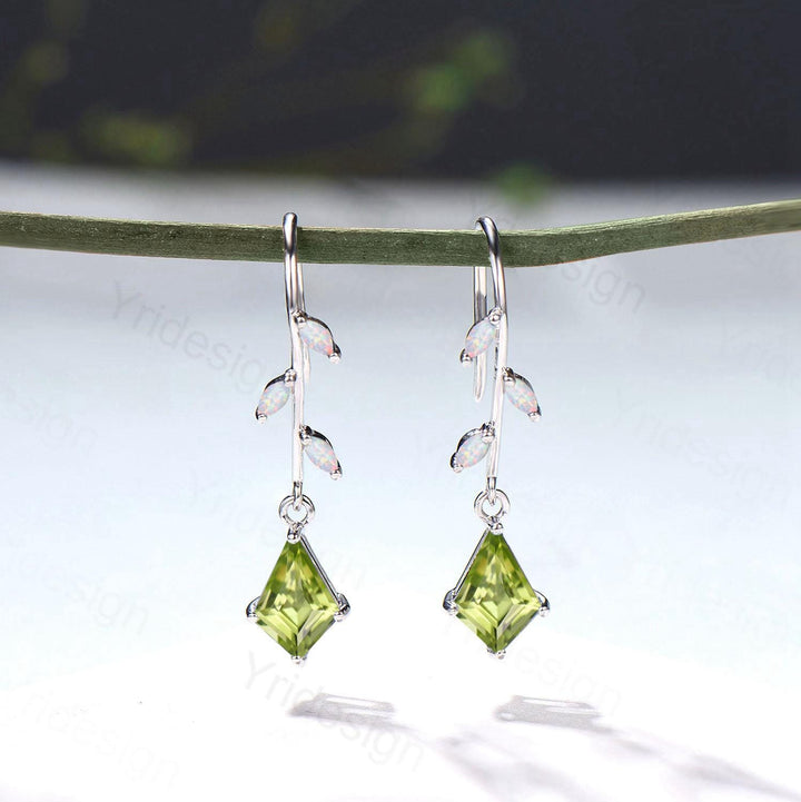Elegant Kite Cut Peridot Drop Earrings, Branch Marquise White Opal Pinwheel Studs - PENFINE