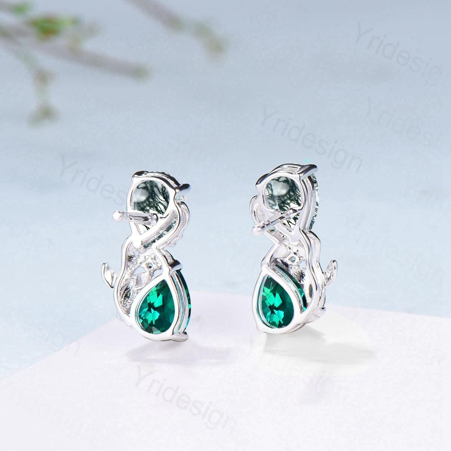 Moss Agate & Emerald Sterling Silver Earrings Leaf Vine Twig Studs - PENFINE