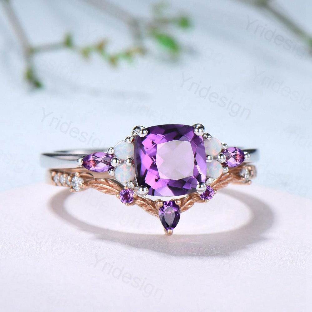 Vintage Cushion Amethyst Engagement Ring Set, Opal Leaf Vine Band - PENFINE