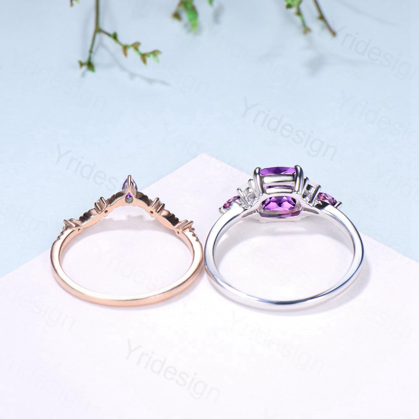 Vintage Cushion Amethyst Engagement Ring Set, Opal Leaf Vine Band - PENFINE
