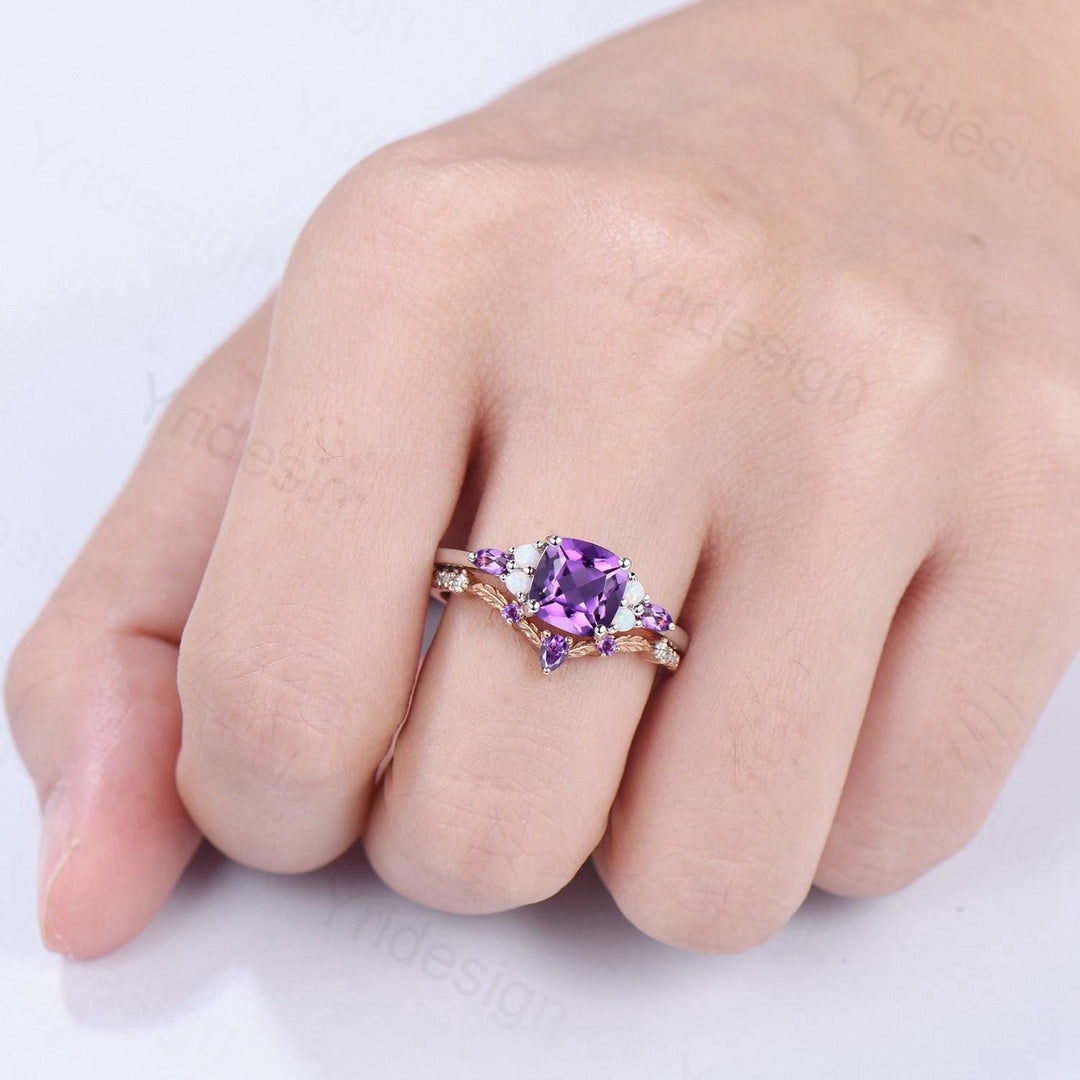 Vintage Cushion Amethyst Engagement Ring Set, Opal Leaf Vine Band - PENFINE