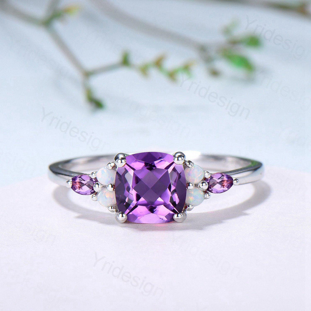 Vintage Cushion Amethyst Engagement Ring Set, Opal Leaf Vine Band - PENFINE