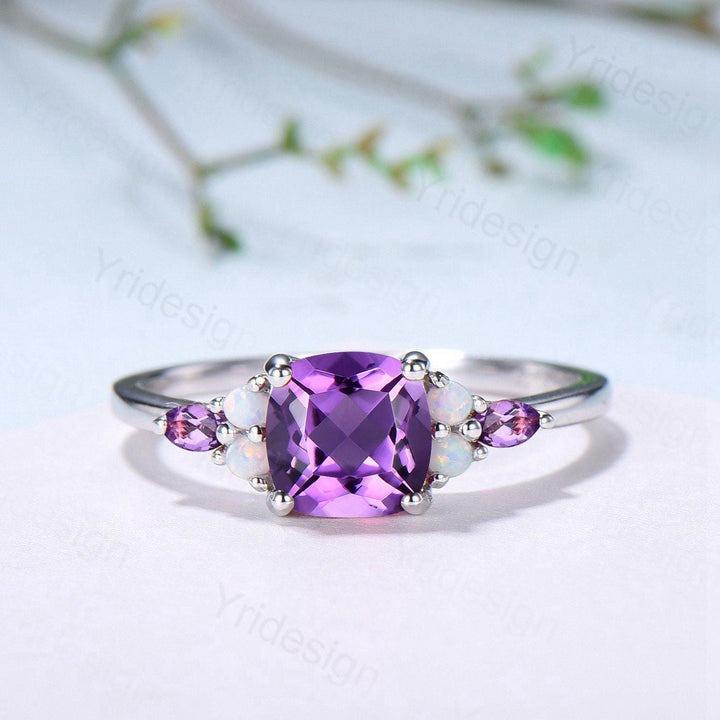 Vintage Cushion Amethyst Engagement Ring Set, Opal Leaf Vine Band - PENFINE