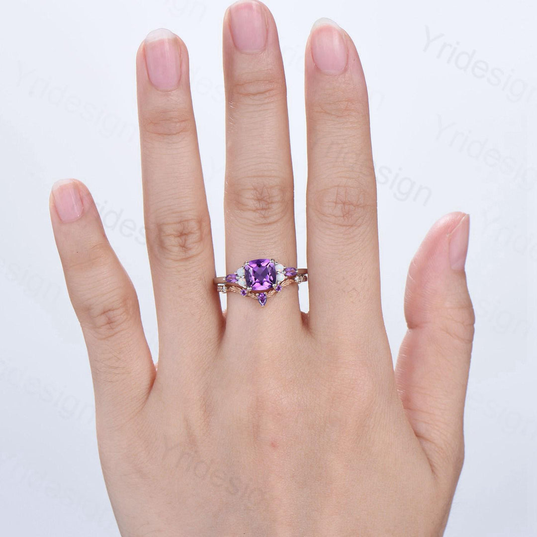 Vintage Cushion Amethyst Engagement Ring Set, Opal Leaf Vine Band - PENFINE
