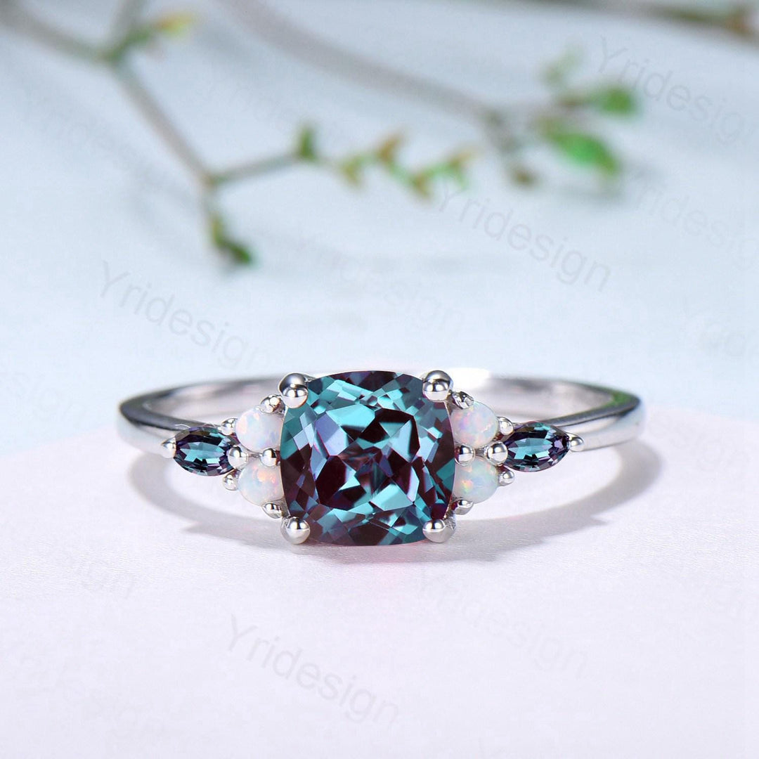 Vintage Cushion Alexandrite Enaggement Ring Set, Cluster Opal Marquise Alexandrite Wedding Set, Emerald Stacking Band - PENFINE