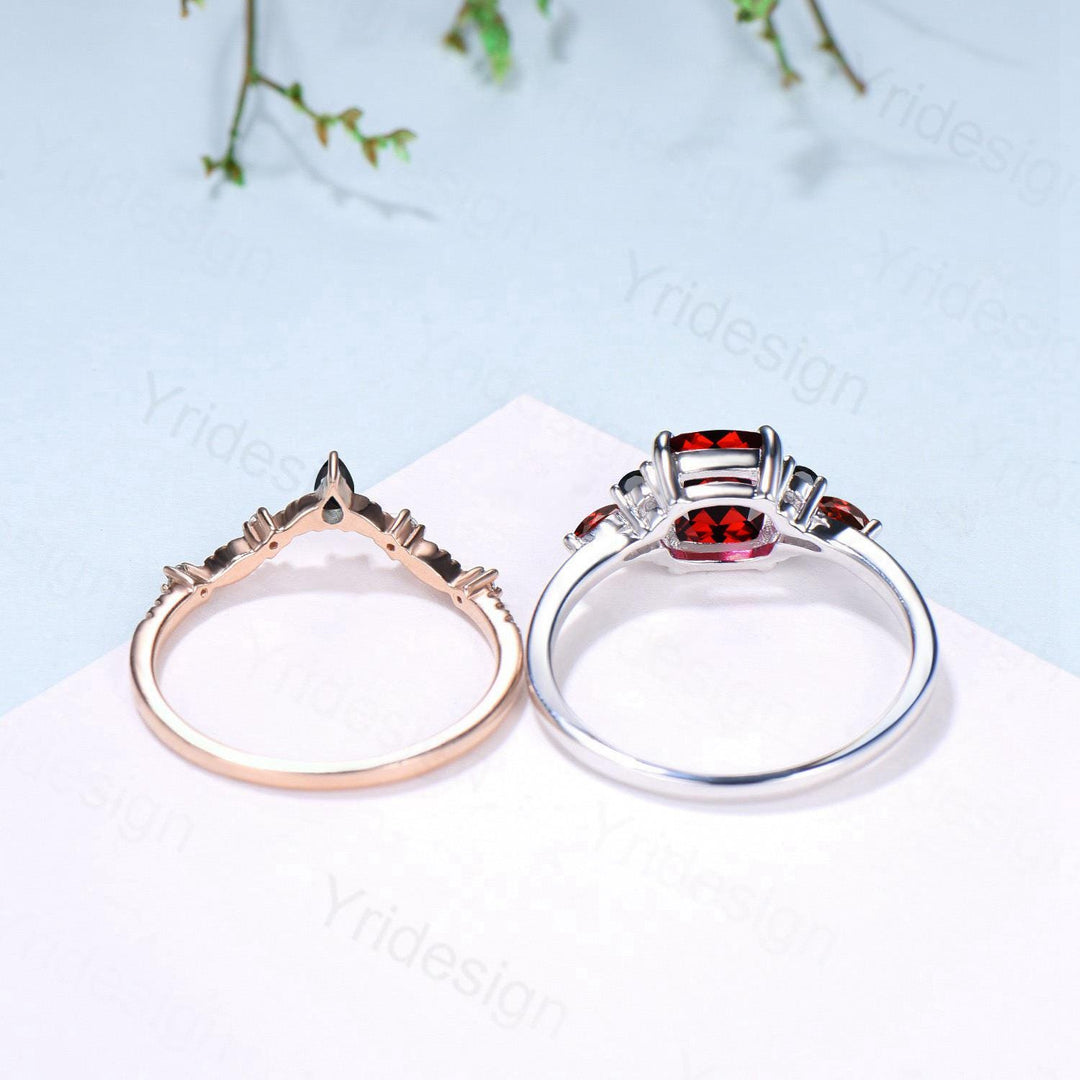 Cushion Garnet Statement Ring, Black Spinel Accent, 14K Gold - PENFINE