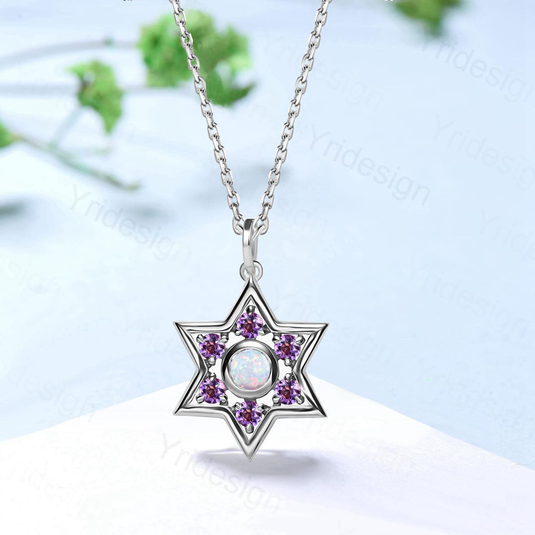 Enchanting Star of David Opal & Amethyst Necklace -  Sterling Silver Pendant, Mystical Celestial Jewelry, October/ February Birthstone Gift - PENFINE