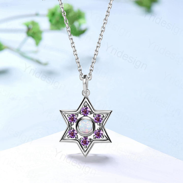 Enchanting Star of David Opal & Amethyst Necklace -  Sterling Silver Pendant, Mystical Celestial Jewelry, October/ February Birthstone Gift - PENFINE