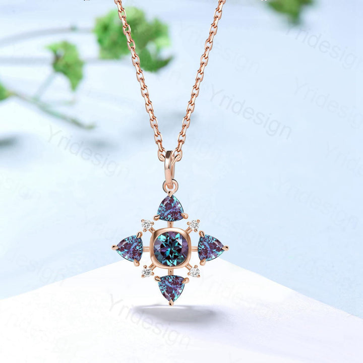 Mesmerizing Color-Shift Alexandrite Star Necklace - Rose Gold Geometric Pendant with Triangular Gemstones, Celestial Statement Jewelry - PENFINE