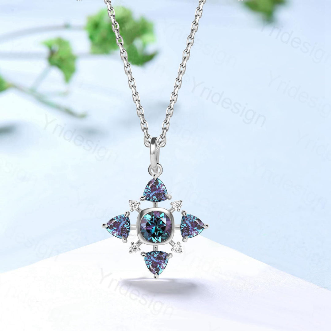 Mesmerizing Color-Shift Alexandrite Star Necklace - Rose Gold Geometric Pendant with Triangular Gemstones, Celestial Statement Jewelry - PENFINE