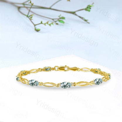 Enchanted Moss Agate Bracelet - Gold Twisted Vine Link Bracelet with Dendritic Gemstones, Nature-Inspired Boho Jewelry - PENFINE
