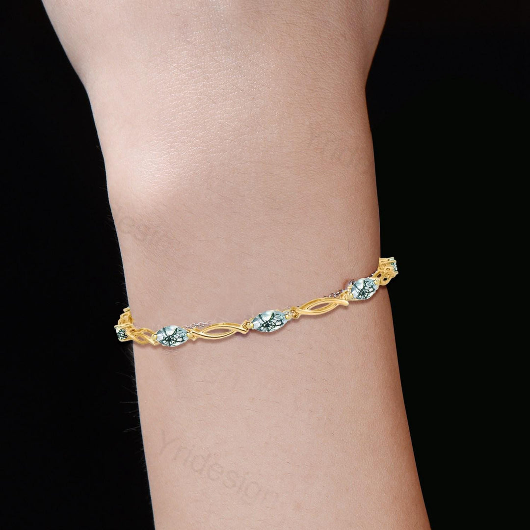 Enchanted Moss Agate Bracelet - Gold Twisted Vine Link Bracelet with Dendritic Gemstones, Nature-Inspired Boho Jewelry - PENFINE