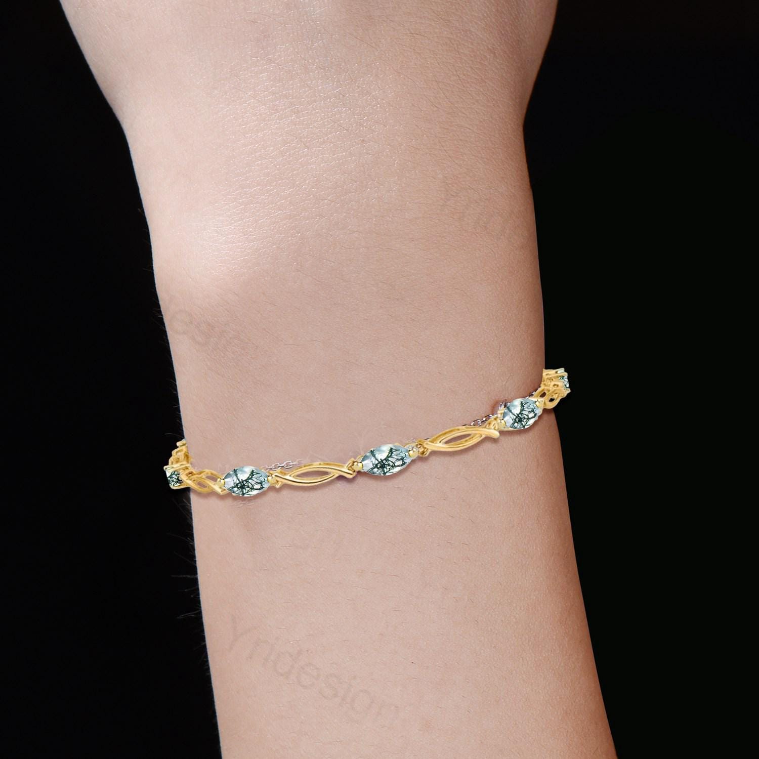 Enchanted Moss Agate Bracelet - Gold Twisted Vine Link Bracelet with Dendritic Gemstones, Nature-Inspired Boho Jewelry - PENFINE