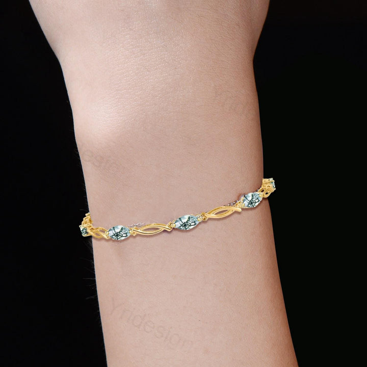 Enchanted Moss Agate Bracelet - Gold Twisted Vine Link Bracelet with Dendritic Gemstones, Nature-Inspired Boho Jewelry - PENFINE