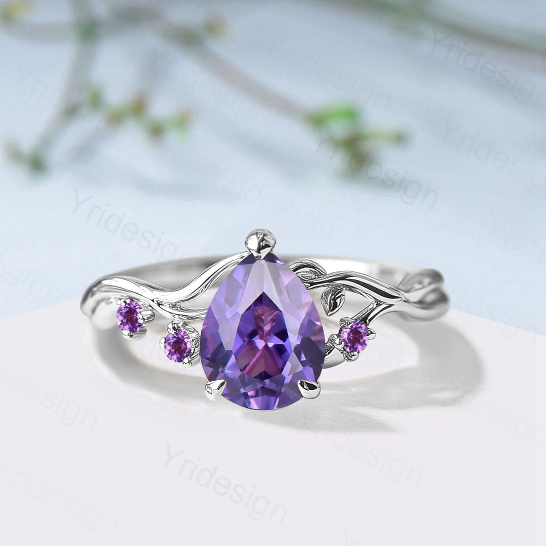 Vintage Pear Shaped Purple Sapphire Engagement Ring, Nature Inspired Leaf Twig Gold Ring, Accent Amethyst Split Shank Anniversary Ring - PENFINE