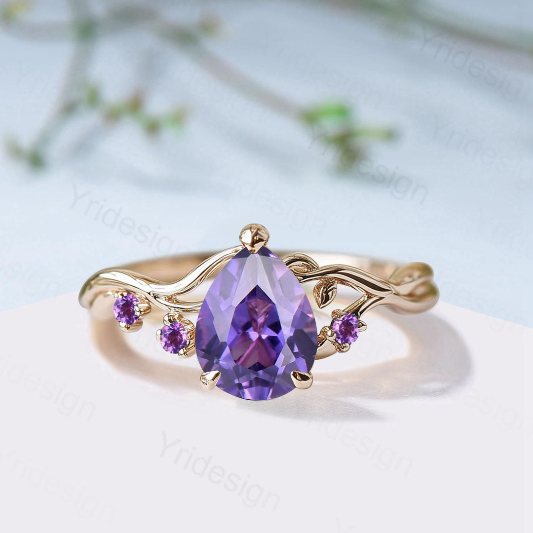 Vintage Pear Shaped Purple Sapphire Engagement Ring, Nature Inspired Leaf Twig Gold Ring, Accent Amethyst Split Shank Anniversary Ring - PENFINE