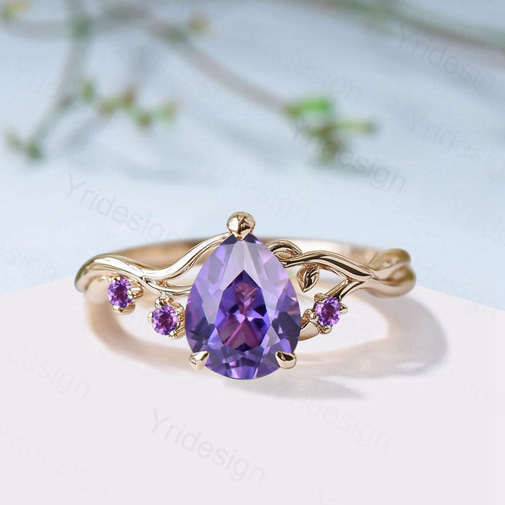 Vintage Pear Shaped Purple Sapphire Engagement Ring, Nature Inspired Leaf Twig Gold Ring, Accent Amethyst Split Shank Anniversary Ring - PENFINE