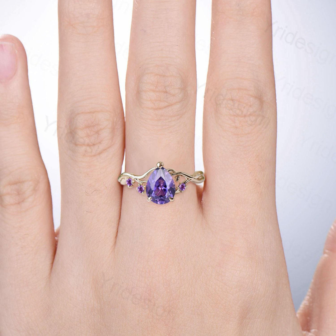 Vintage Pear Shaped Purple Sapphire Engagement Ring, Nature Inspired Leaf Twig Gold Ring, Accent Amethyst Split Shank Anniversary Ring - PENFINE