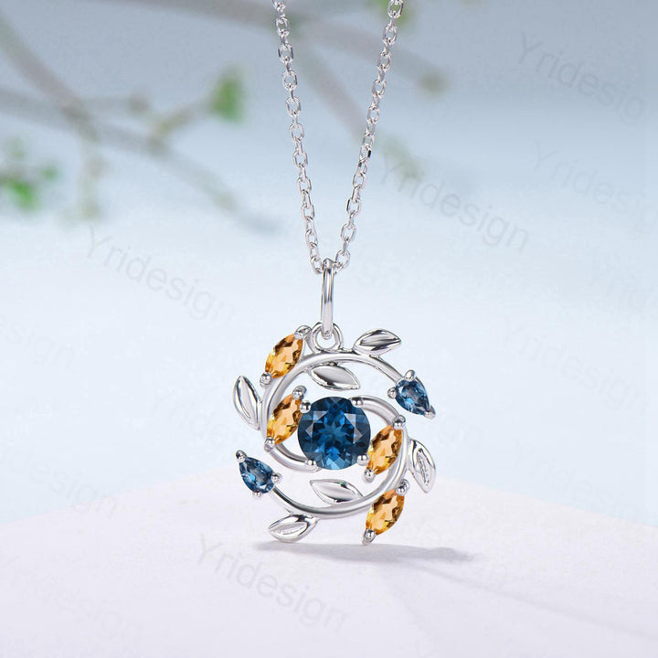 5mm Round Nature Inspired London Blue Topaz Necklace Unique Marquise Citrine Necklace Flower Wreath Pendant Snowflake Anniversary gift women - PENFINE