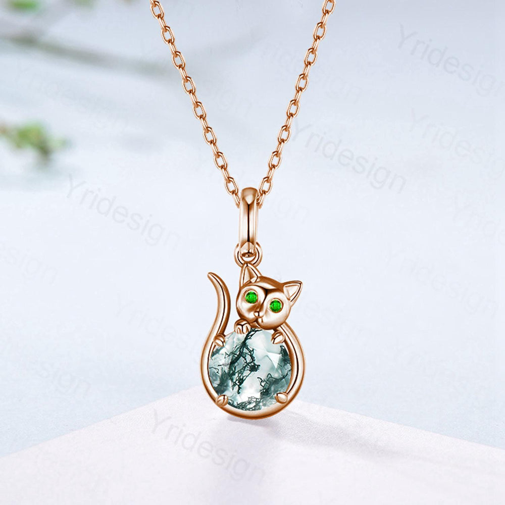 Dainty Cat Moss Agate Pendant Necklace with Emerald | Rose Gold Animal Jewelry | Gemstone Charm for Cat Lovers - PENFINE