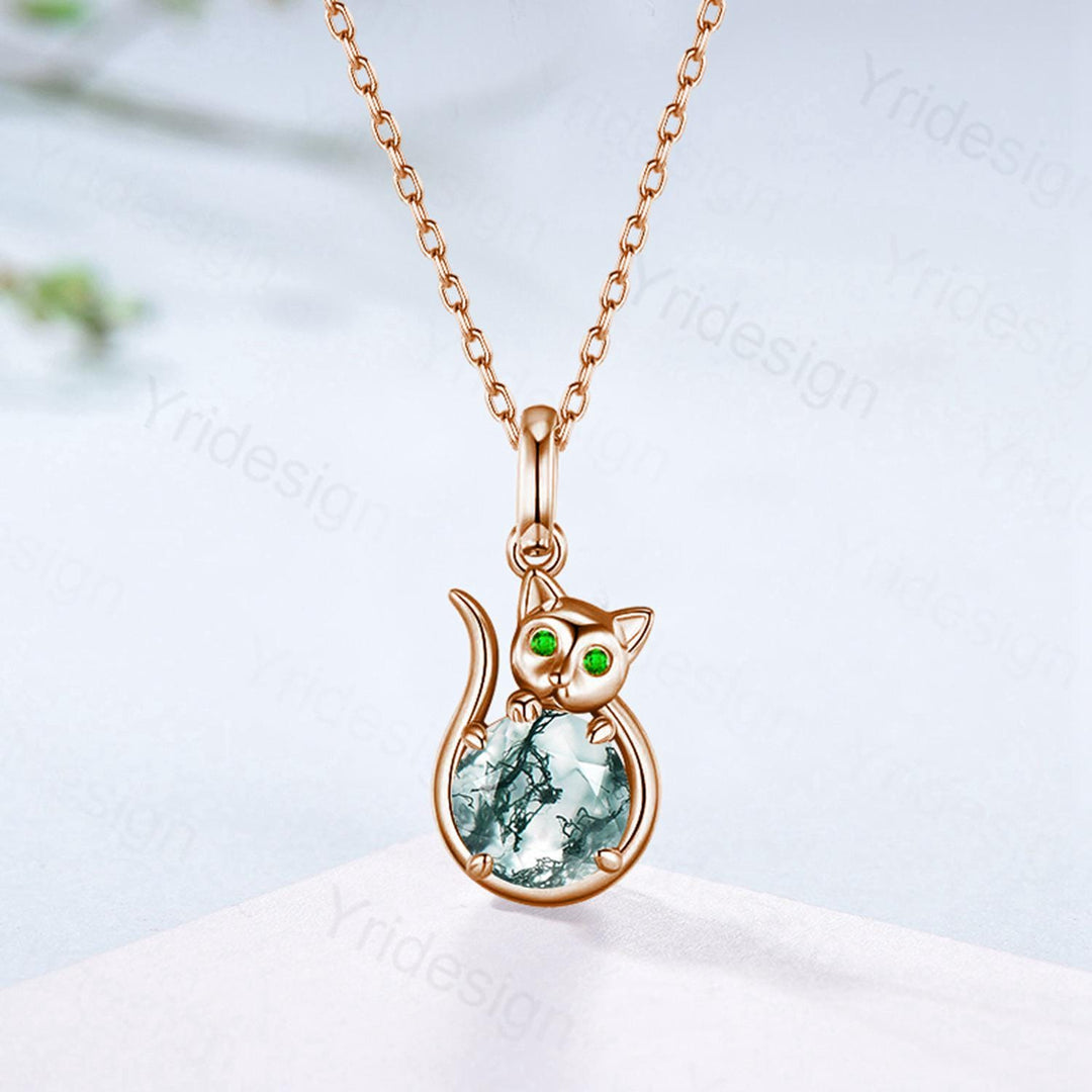 Dainty Cat Moss Agate Pendant Necklace with Emerald | Rose Gold Animal Jewelry | Gemstone Charm for Cat Lovers - PENFINE