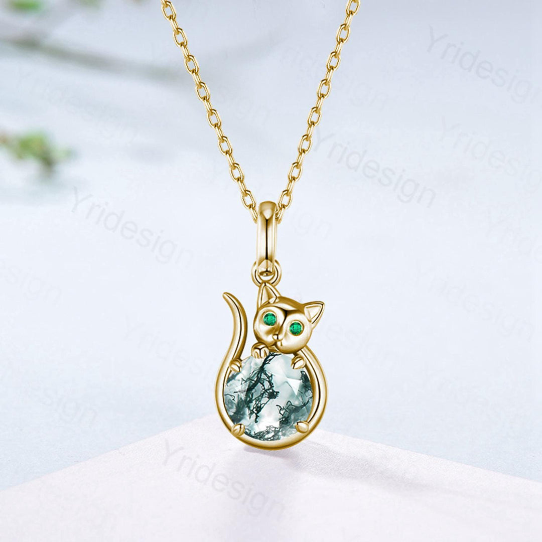 Dainty Cat Moss Agate Pendant Necklace with Emerald | Rose Gold Animal Jewelry | Gemstone Charm for Cat Lovers - PENFINE