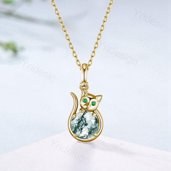 Dainty Cat Moss Agate Pendant Necklace with Emerald | Rose Gold Animal Jewelry | Gemstone Charm for Cat Lovers - PENFINE