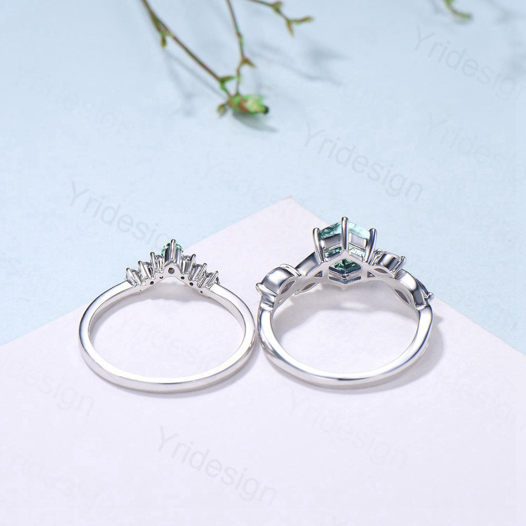 Hexagon Moss Agate Engagement Ring Set, Alexandrite, Moonstone, Emerald Band - PENFINE