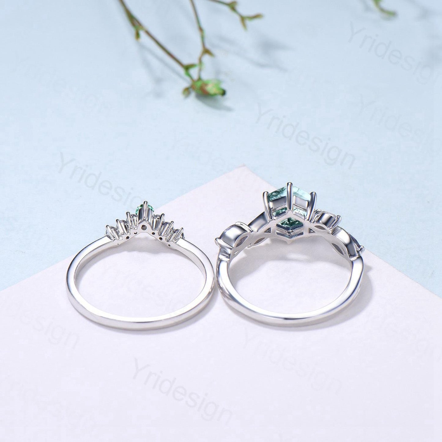 Hexagon Moss Agate Engagement Ring Set, Alexandrite, Moonstone, Emerald Band - PENFINE