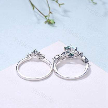Hexagon Moss Agate Engagement Ring Set, Alexandrite, Moonstone, Emerald Band - PENFINE
