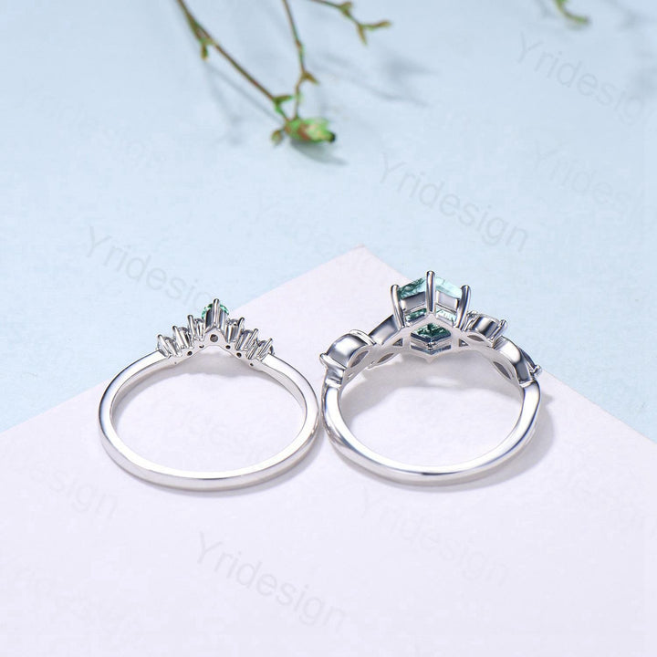 Hexagon Moss Agate Engagement Ring Set, Alexandrite, Moonstone, Emerald Band - PENFINE